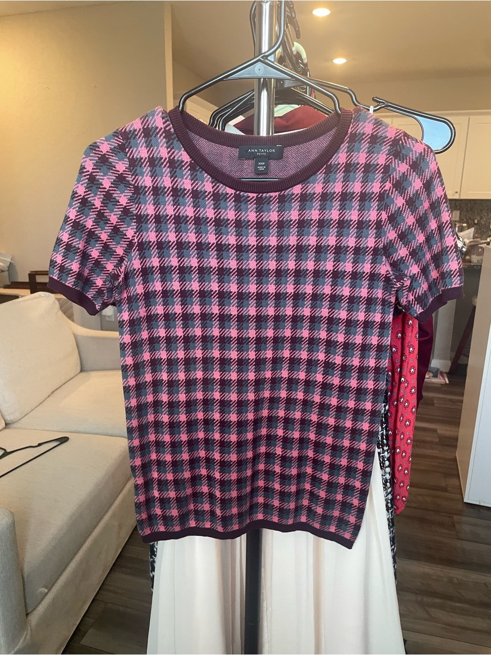 Ann Taylor Pink & Black Plaid Knit Short Sleeve Top